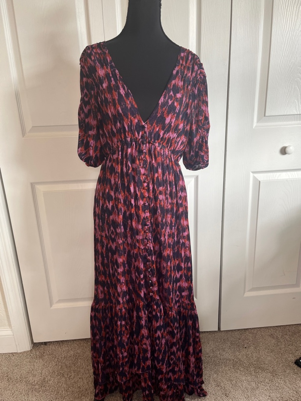 Anthropologie Printed Ruched Sleeve Mesh Tiered Pink Black Maxi Dress Medium
